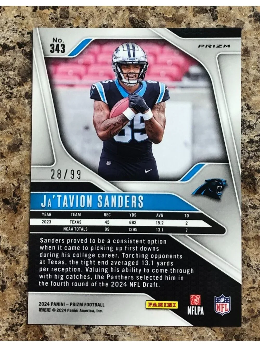 2024 Panii Prizm Ja-Tavion Sanders 343 Blue Ice SSP 28/99 Rookie